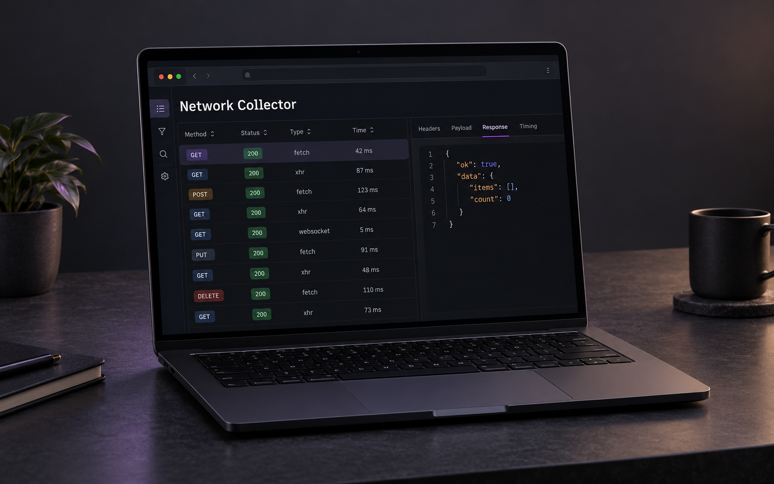 Chrome Extension Network Collector — иллюстрация анализа сетевых запросов на ноутбуке